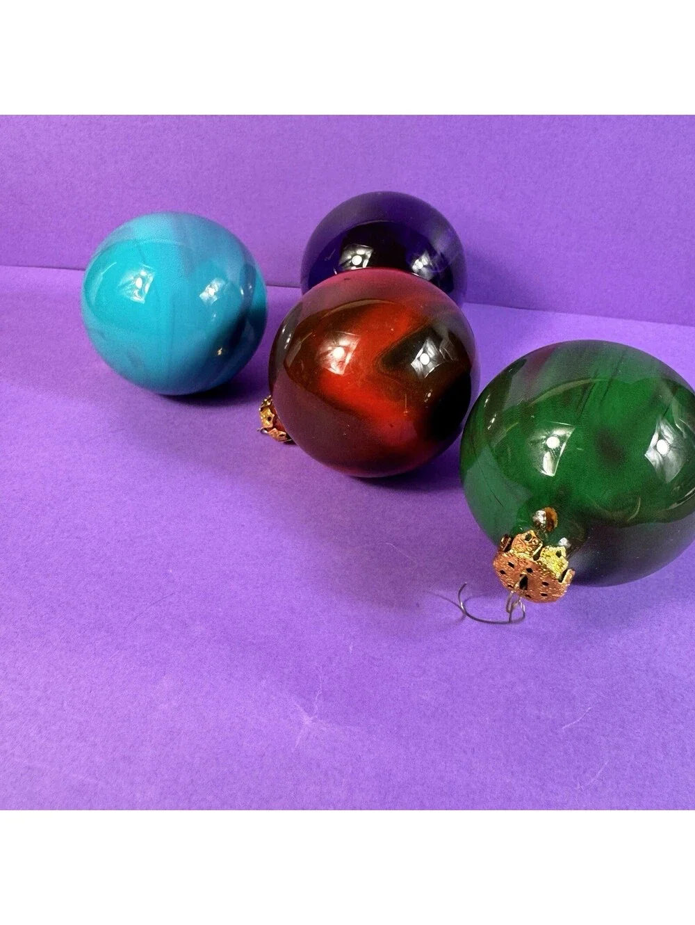 4 Glass Christmas Ornaments Swirl Marbled Red Blue Teal Handpainted 1990s Retro